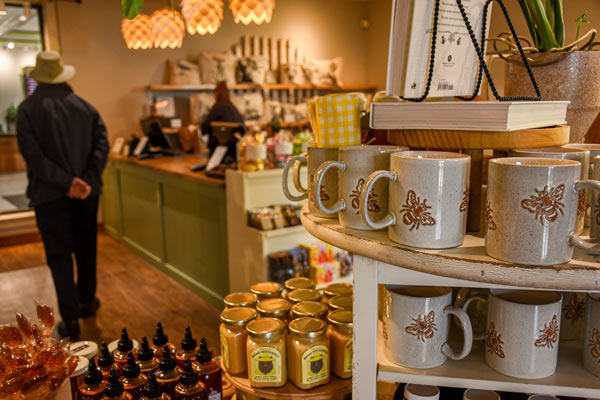 The Garden shop and shelves of bee mugs
