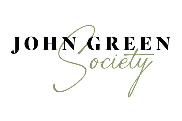 John Green written in a black serif font and society written below in a green script font